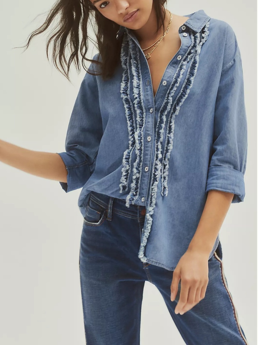 Pilcro X Anthropologie Juni Ruffled Denim
Buttondown Chambray Shirt Boho Western